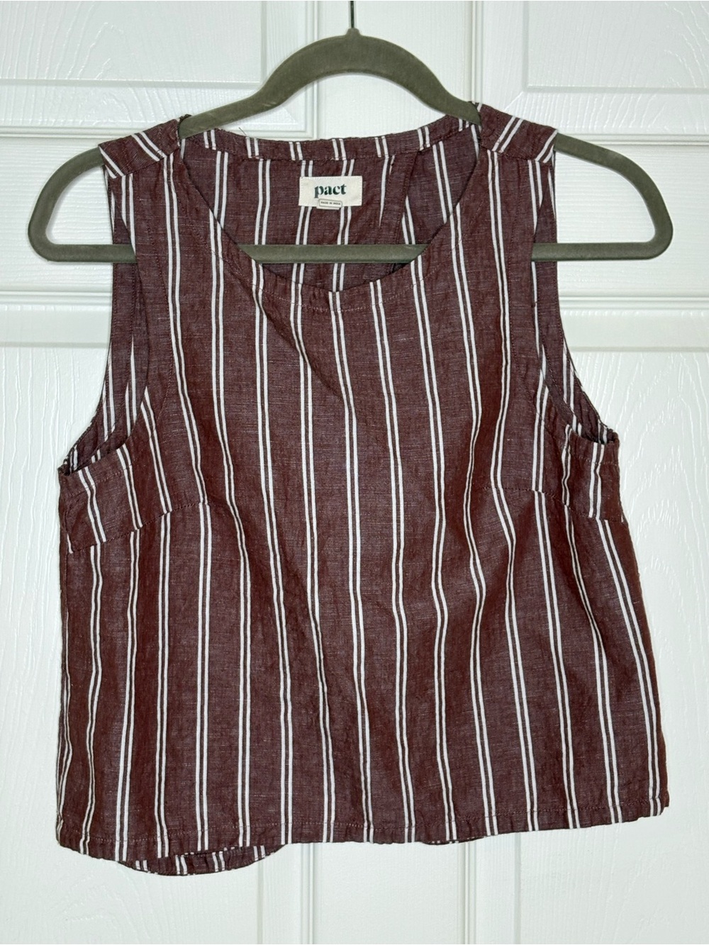 Pact Brown and White Striped Sleeveless Linen-Blend Shorts med and top is small - Picture 3 of 16